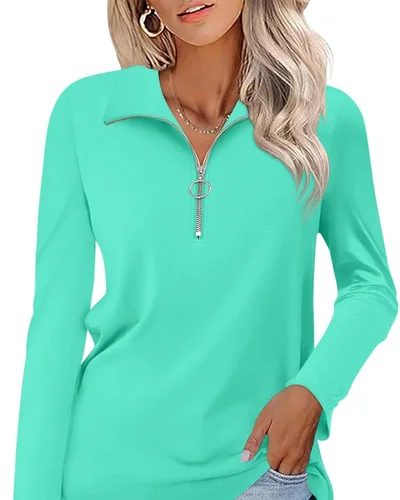 Minetom Womens Long Sleeve Shirts 1/4 Zipper Pullover V Neck Collar Tops, thumbnail 20