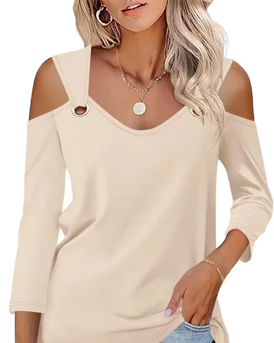 Minetom Women's V Neck 3/4 Sleeve Shirts Cold Shoulder Tops 2026 Fall Tees, thumbnail 14