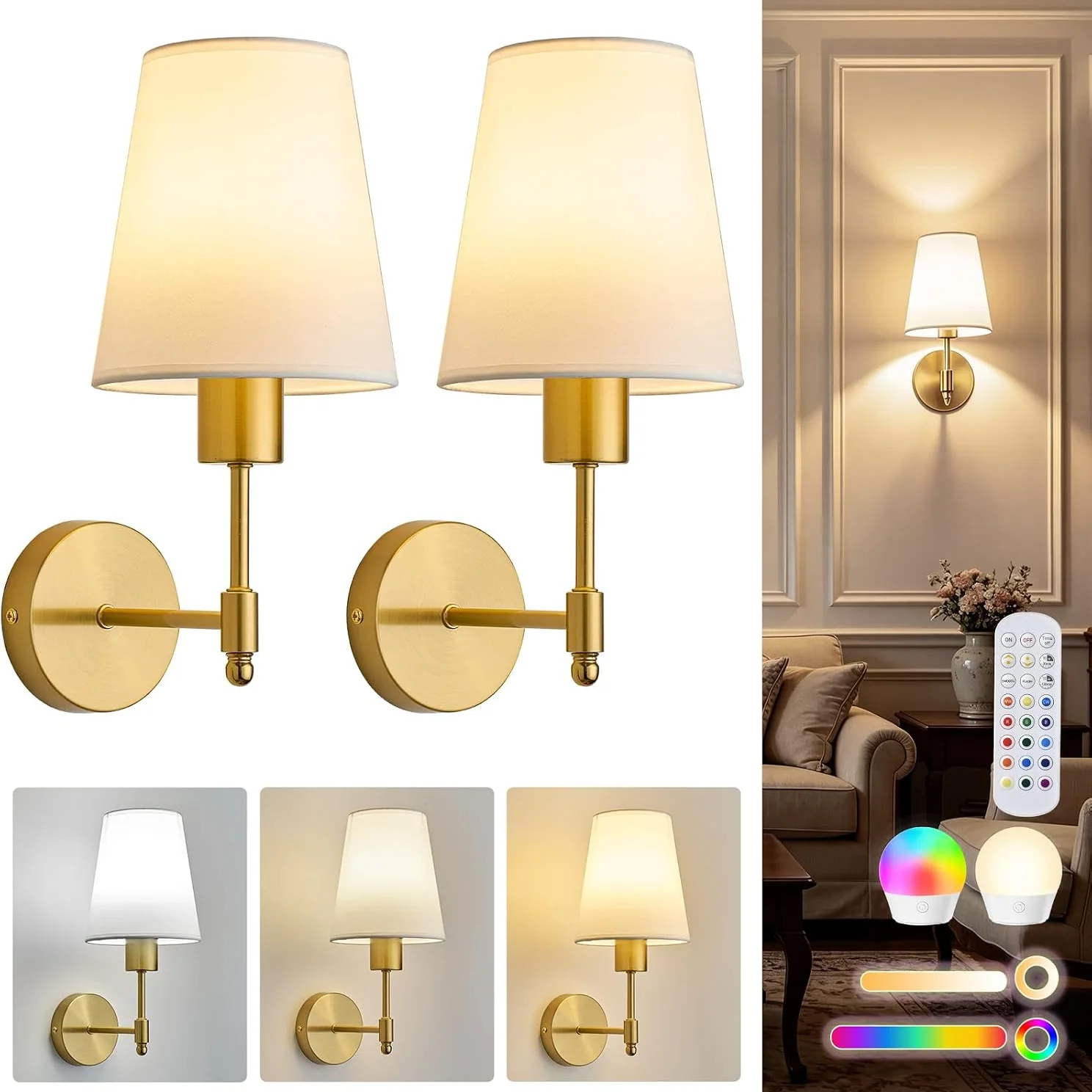 Minetom Battery Operated Wall Sconces Set of 2 Gold Rechargeable Wall Decor, Gold, 13in, photo 1