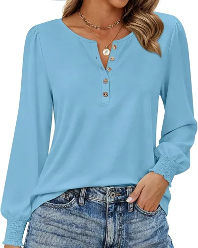 Minetom Womens Long Sleeve Shirts Henley Button Up Blouse 2026 Fall Tops, thumbnail 19