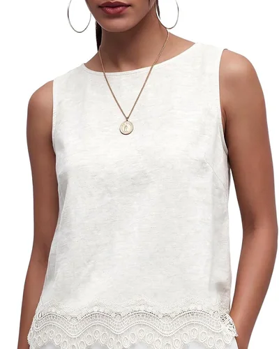Minetom Women's Cotton Lace Tank Tops Crewneck Sleeveless Shirts White, thumbnail 2