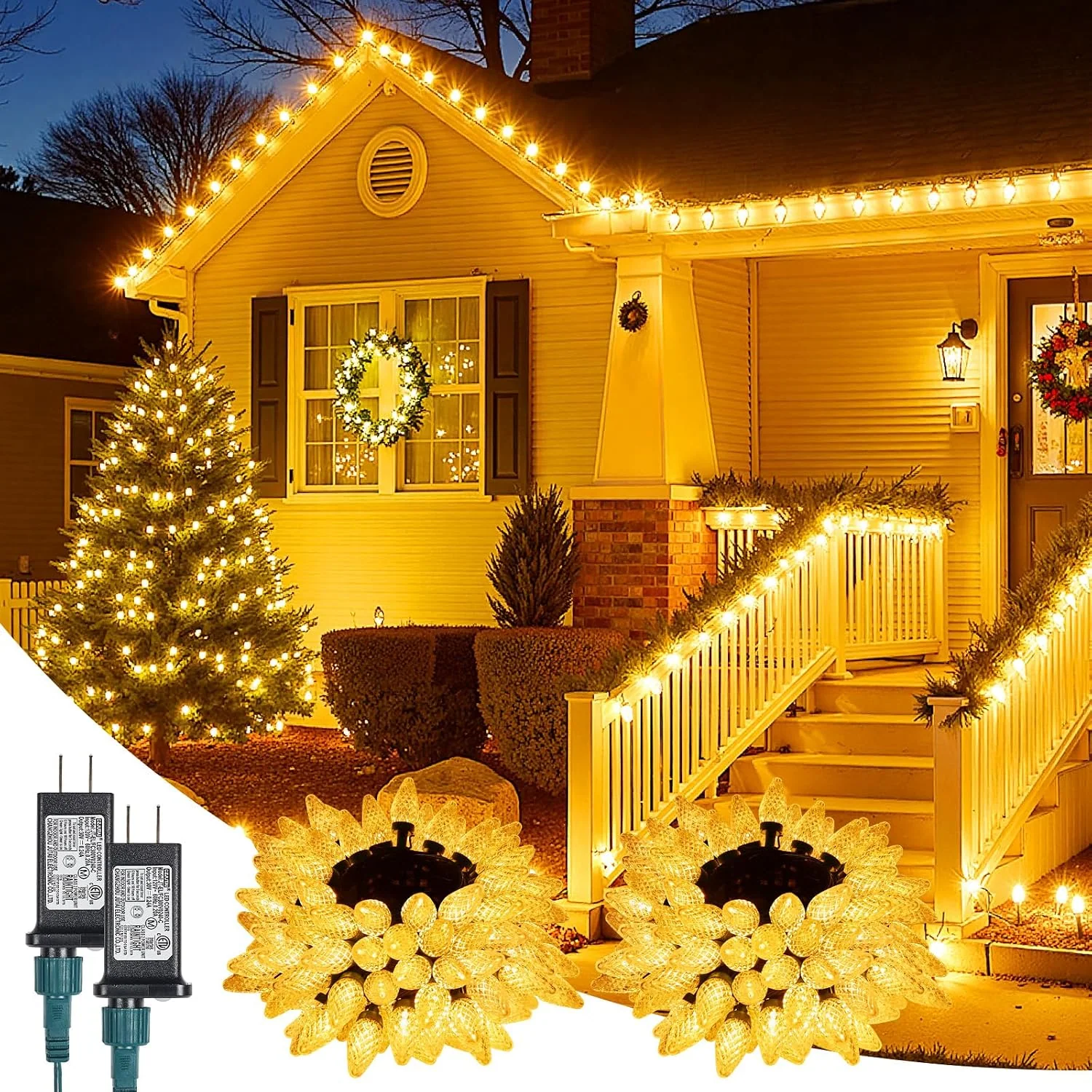 Minetom C9 Christmas Lights Outdoor, 85FT 110LED String Lights with 8 Lighting, Warm White, 2 Packs, photo 3