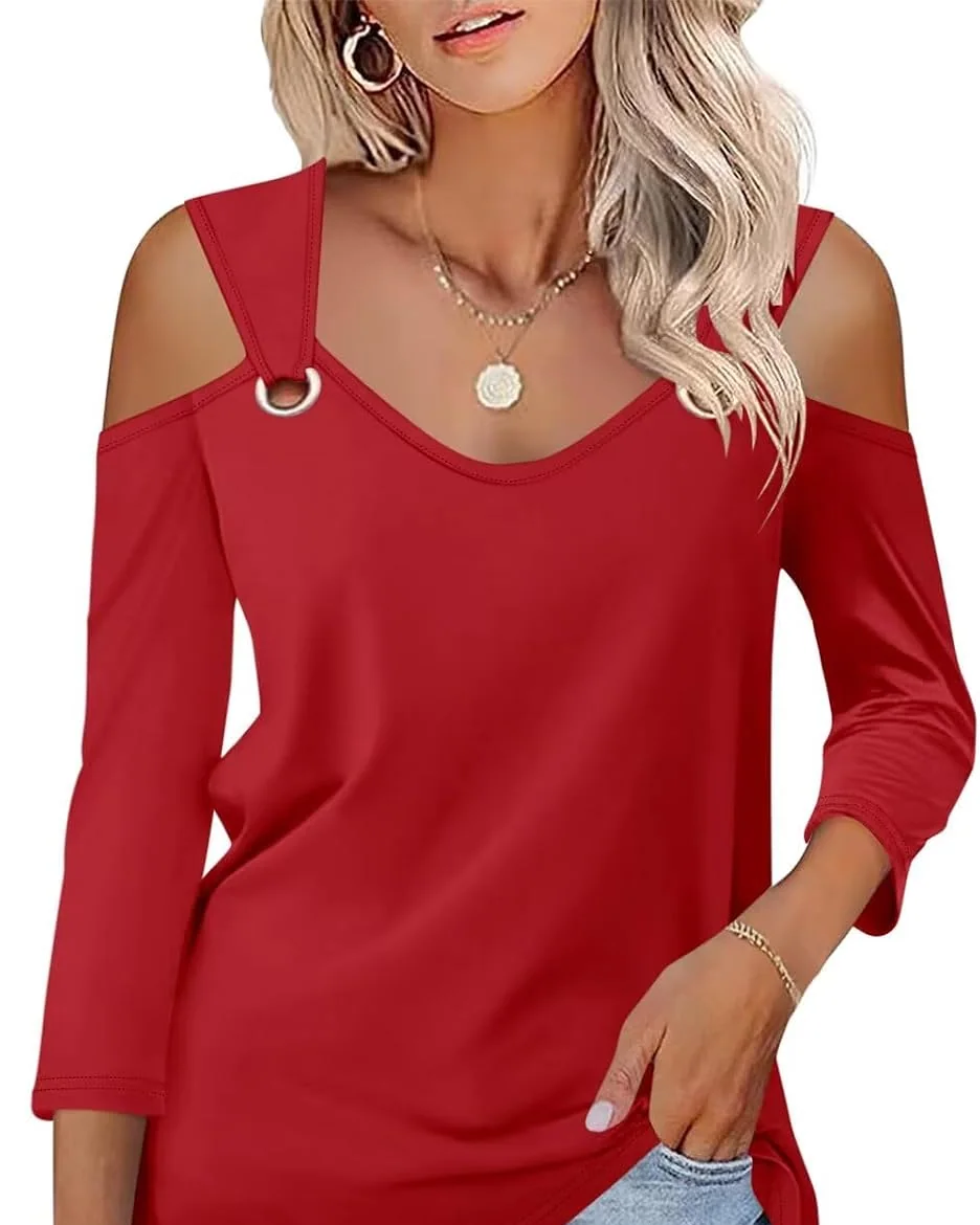 Minetom Women's V Neck 3/4 Sleeve Shirts Cold Shoulder Tops 2026 Fall Tees, Red, Small, photo 21