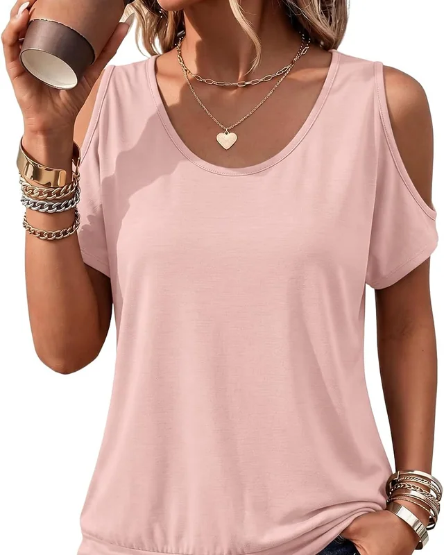 Minetom Womens Cold Shoulder Tops Banded Bottom Shirts Short Sleeve Shirts