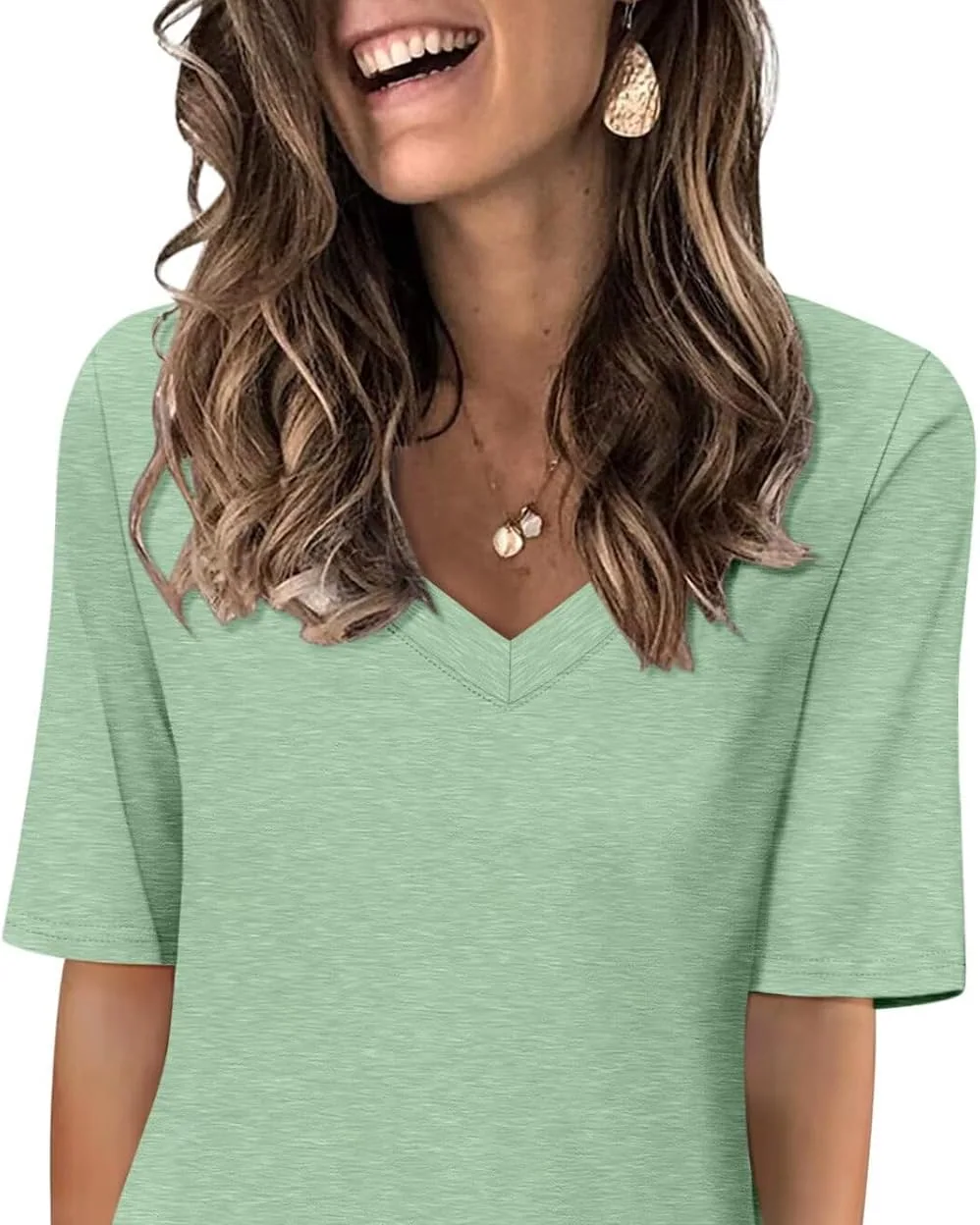 Minetom Women's V Neck T Shirts Casual Half Sleeve Tops Basic Summer Tees, Light Green, Small, photo 15