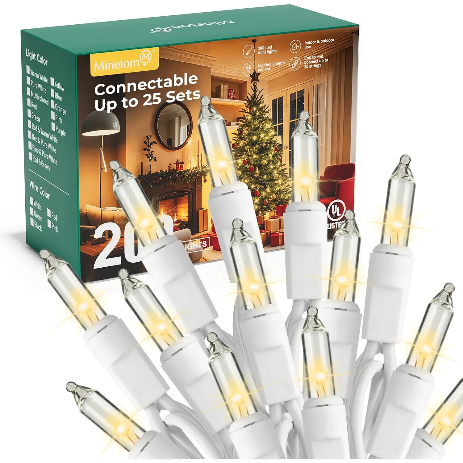 Minetom LED Clear Christmas String Lights, Clear Warm White-White Wire, 200 Count-40 ft, photo 7