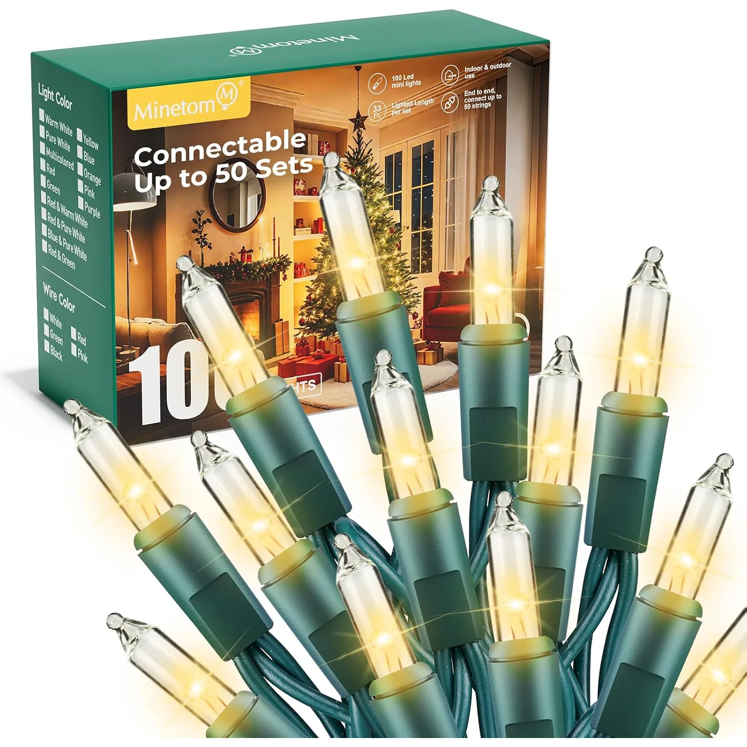 Minetom LED Clear Christmas String Lights, Clear Warm White-Green Wire, 100 Count-20 ft, photo 4