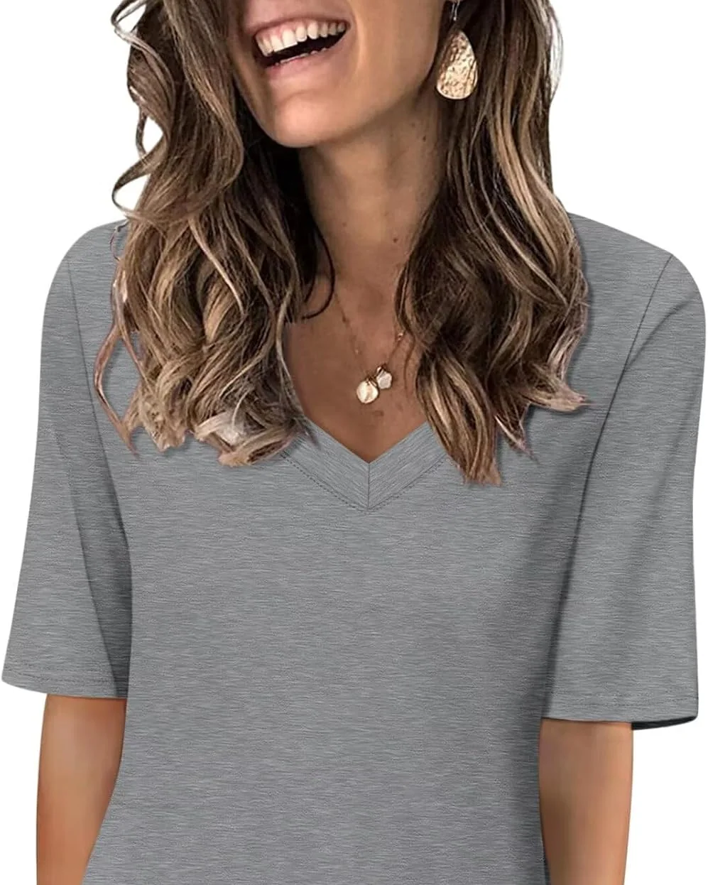 Minetom Women's V Neck T Shirts Casual Half Sleeve Tops Basic Summer Tees, Gray, Small, photo 28