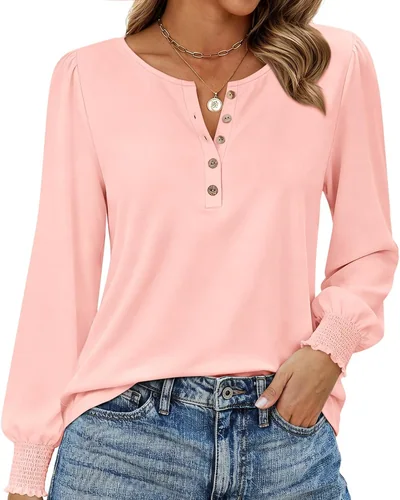 Minetom Womens Long Sleeve Shirts Henley Button Up Blouse 2026 Fall Tops, thumbnail 6