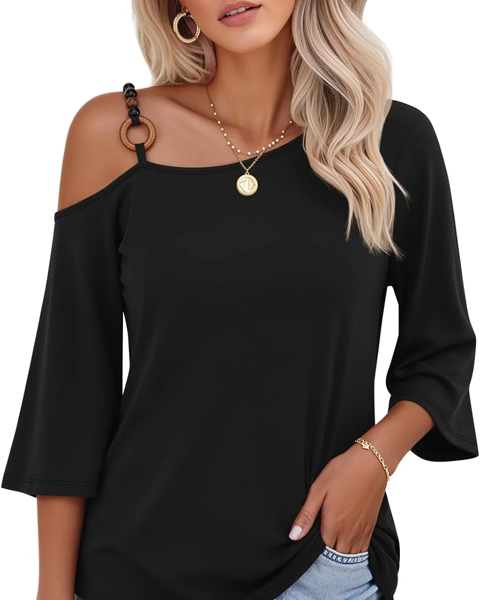 Minetom Women's Off the Shoulder Tops 3 4 Sleeve V Neck T Shirts Fall Tee, Black, Small, photo 5
