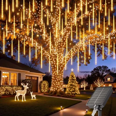 Minetom Solar Meteor Shower Lights Outdoor, 16 Tubes 384 LED Rain Drop Lights, thumbnail 1