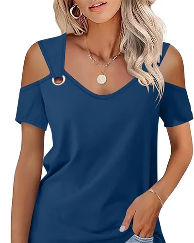 Minetom Women's Cold Shoulder Tops Short Sleeve V Neck T Shirts Summer Tee, thumbnail 18