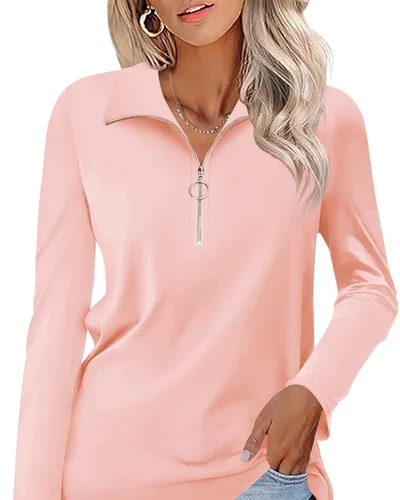 Minetom Womens Long Sleeve Shirts 1/4 Zipper Pullover V Neck Collar Tops, thumbnail 12