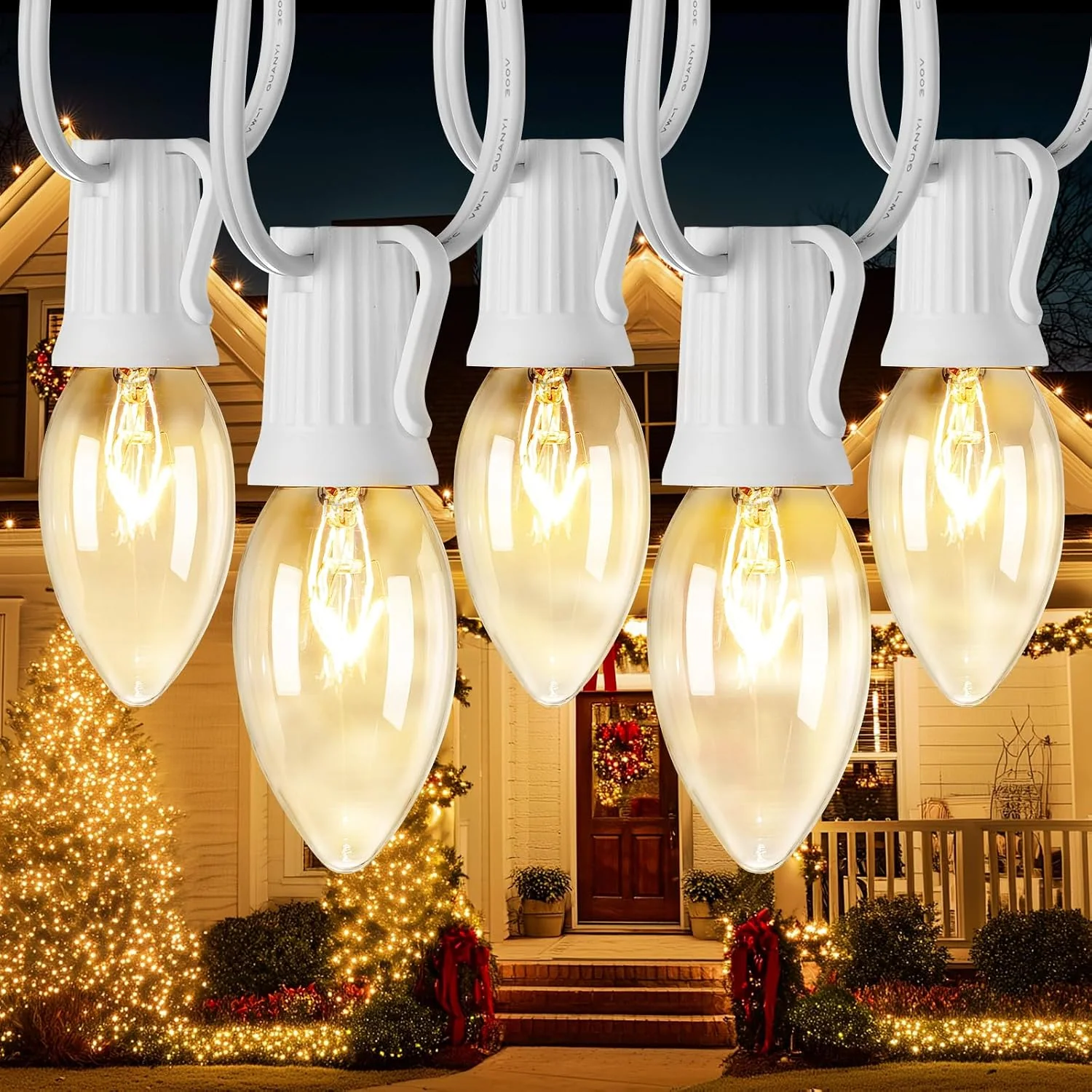 Minetom C9 Outdoor Christmas Lights, Warm White, 100FT 100LED White Wire, photo 5