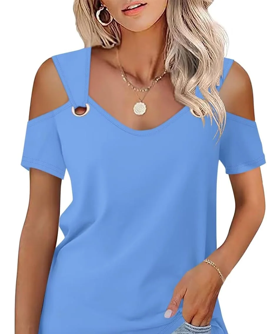 Minetom Women's Cold Shoulder Tops Short Sleeve V Neck T Shirts Summer Tee, Blue, Small, photo 25