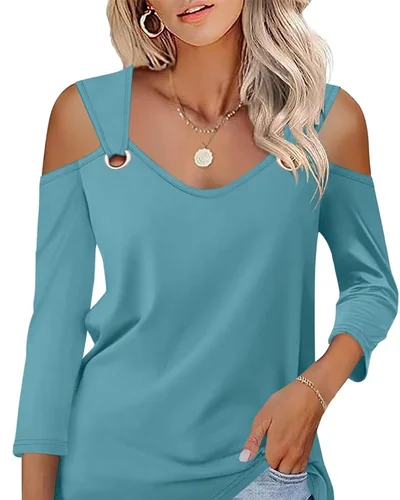 Minetom Women's V Neck 3/4 Sleeve Shirts Cold Shoulder Tops 2026 Fall Tees, thumbnail 25