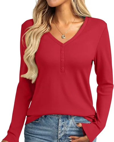 Minetom Womens Long Sleeve Tops Henley V Neck Tees Button Up Shirts Basic, thumbnail 1