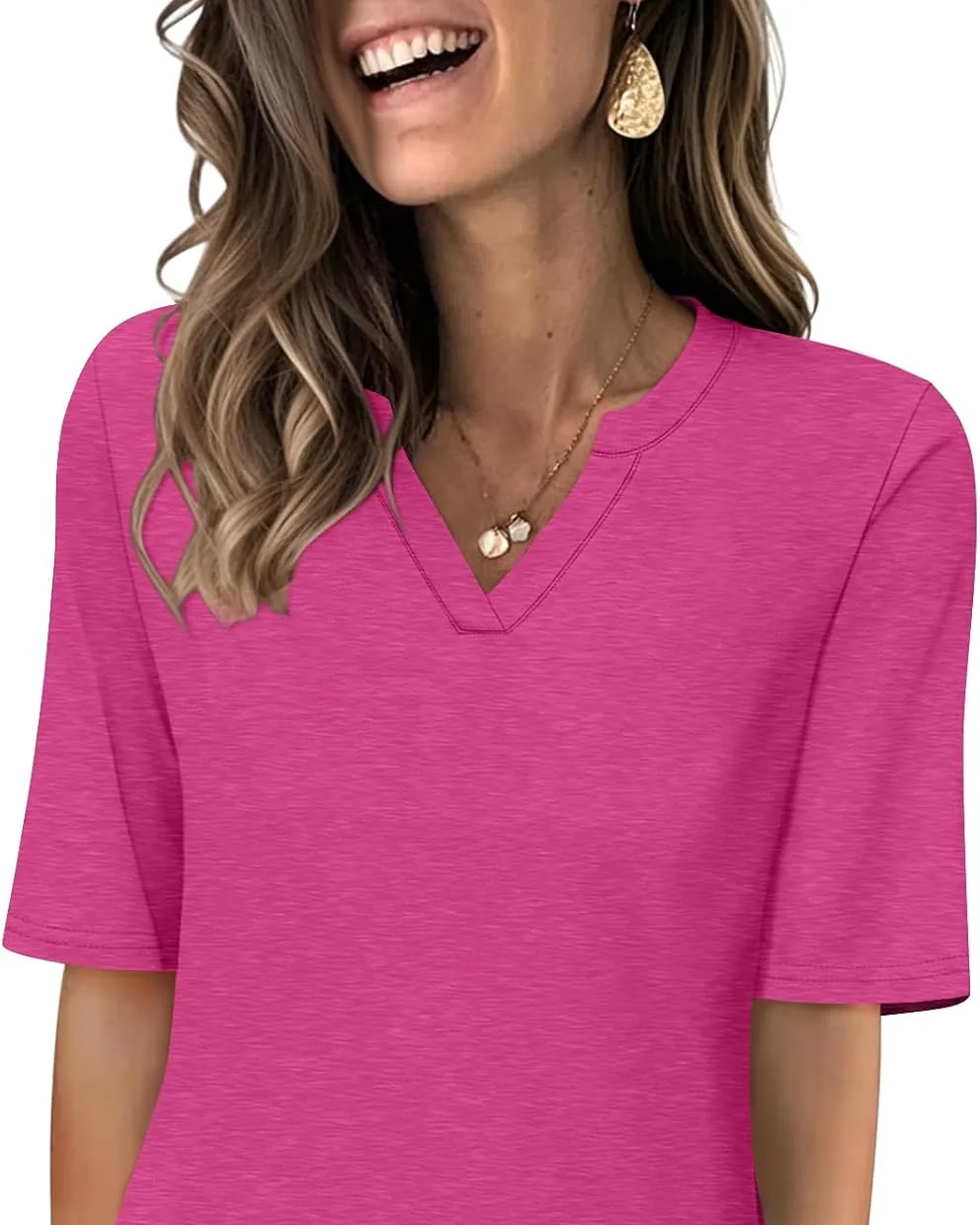 Minetom Women's V Neck T Shirts Half Sleeve Tees Casual Summer Fall Tops Navy, Hot Pink, Small, photo 10