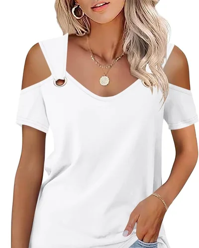 Minetom Women's Cold Shoulder Tops Short Sleeve V Neck T Shirts Summer Tee, thumbnail 8