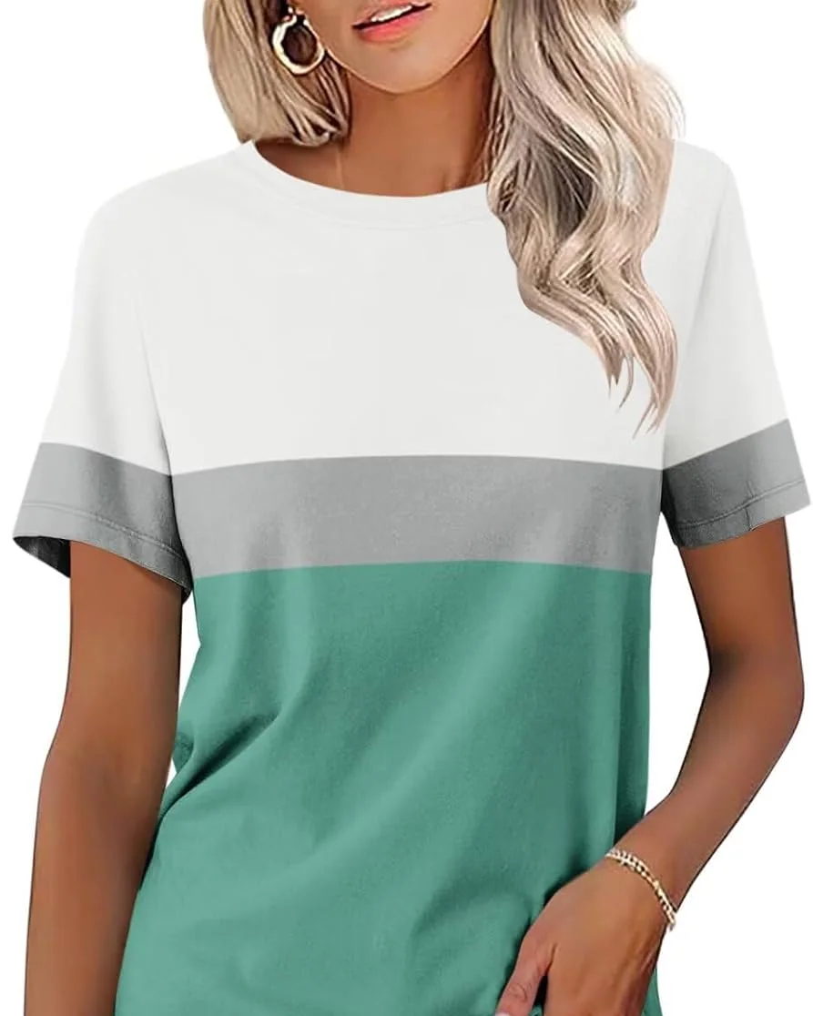 Minetom Womens Color Block T Shirts Short Sleeve Tops Summer Tees, White-gray-mint, Small, photo 19