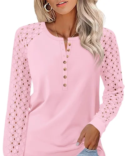 Minetom Women's Lace Long Sleeve Tops Henley Shirts Casual Blouses Tees, thumbnail 27