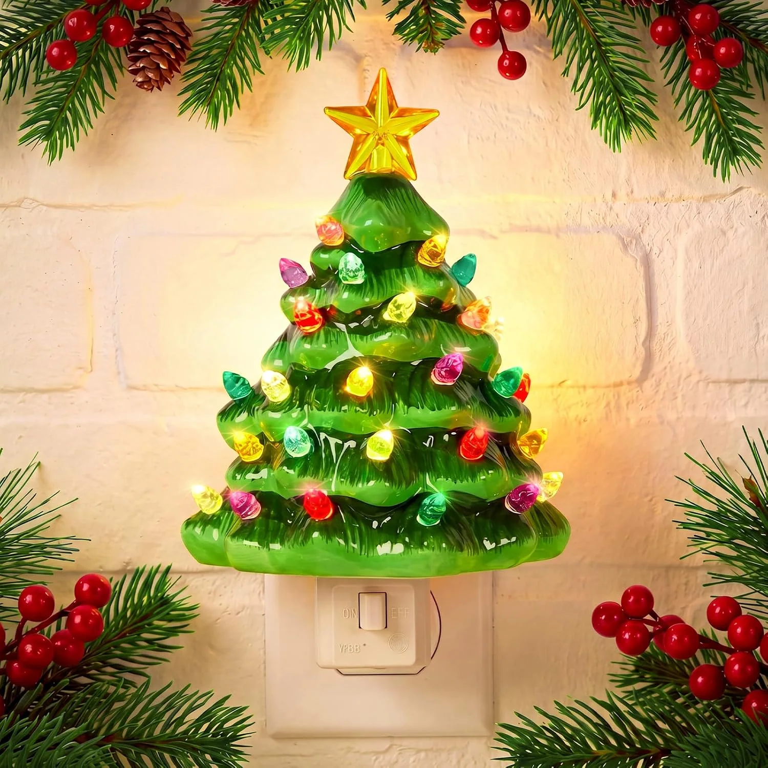 Minetom White Ceramic Christmas Tree Night Light Vintage Plug in Wall Decor, Green, 1 Pack, photo 2