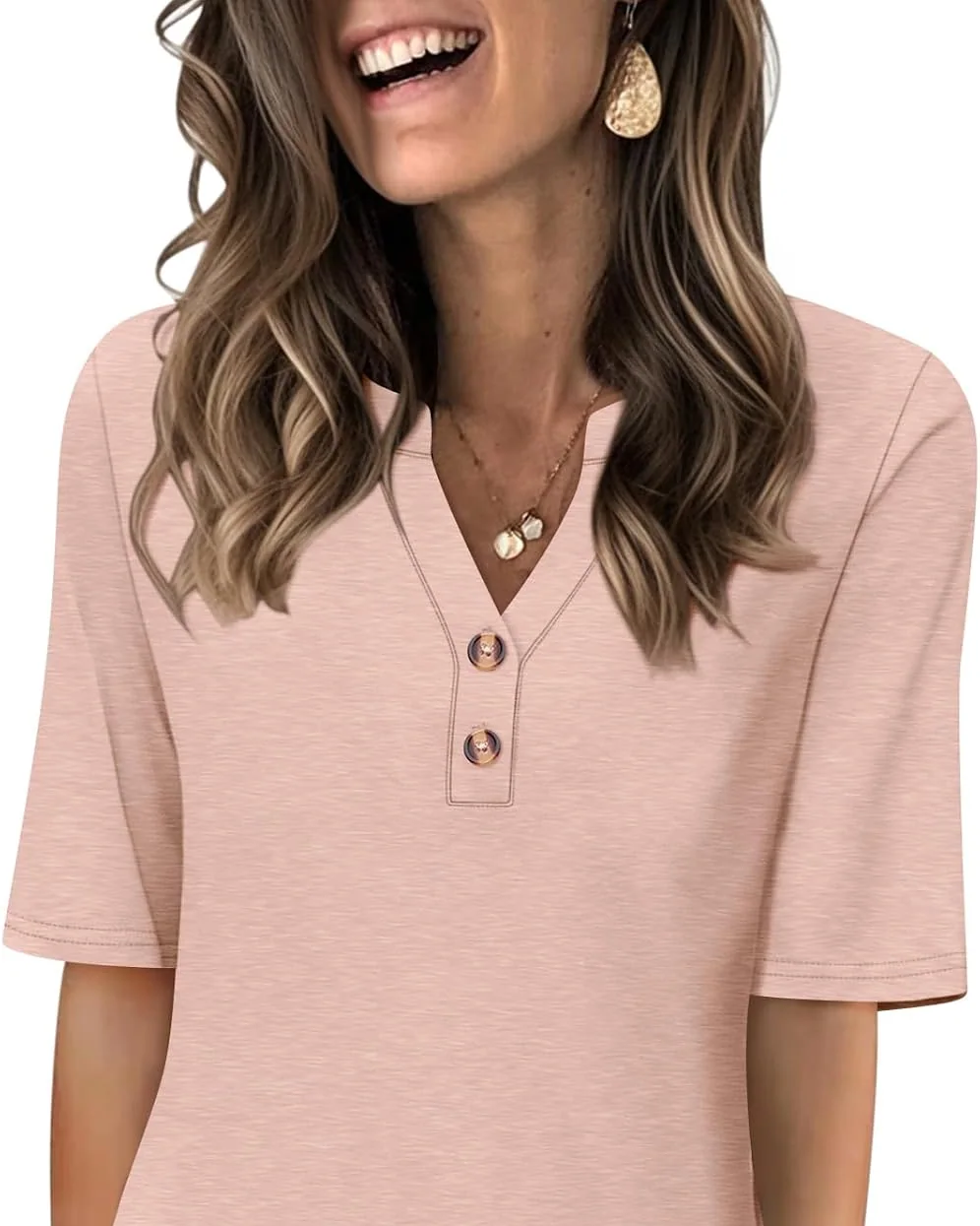 Minetom Women's Half Sleeve Tops V Neck T Shirt Button Casual Tee White, Apricot, Small, photo 8