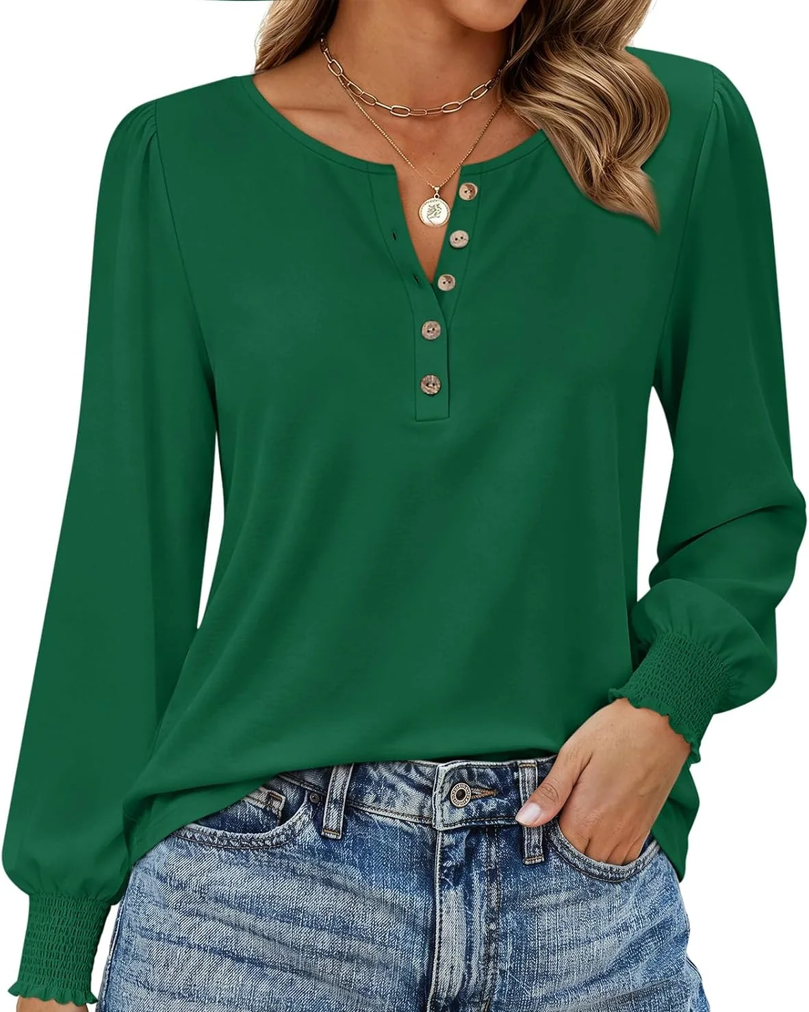 Minetom Womens Long Sleeve Shirts Henley Button Up Blouse 2026 Fall Tops, Green, Small, photo 9