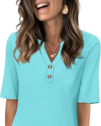 Minetom Women's Half Sleeve Tops V Neck T Shirt Button Casual Tee White, thumbnail 9