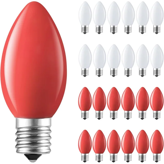 Minetom 25 Pack C9 LED Christmas Light Bulbs, Red White Plastic C9 Shatterproof LED Bulbs