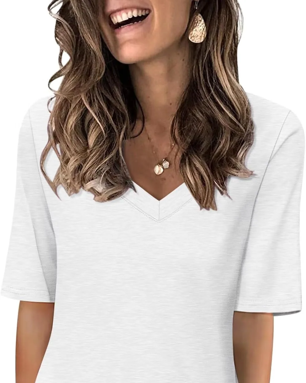 Minetom Women's V Neck T Shirts Casual Half Sleeve Tops Basic Summer Tees, White, Small, photo 29