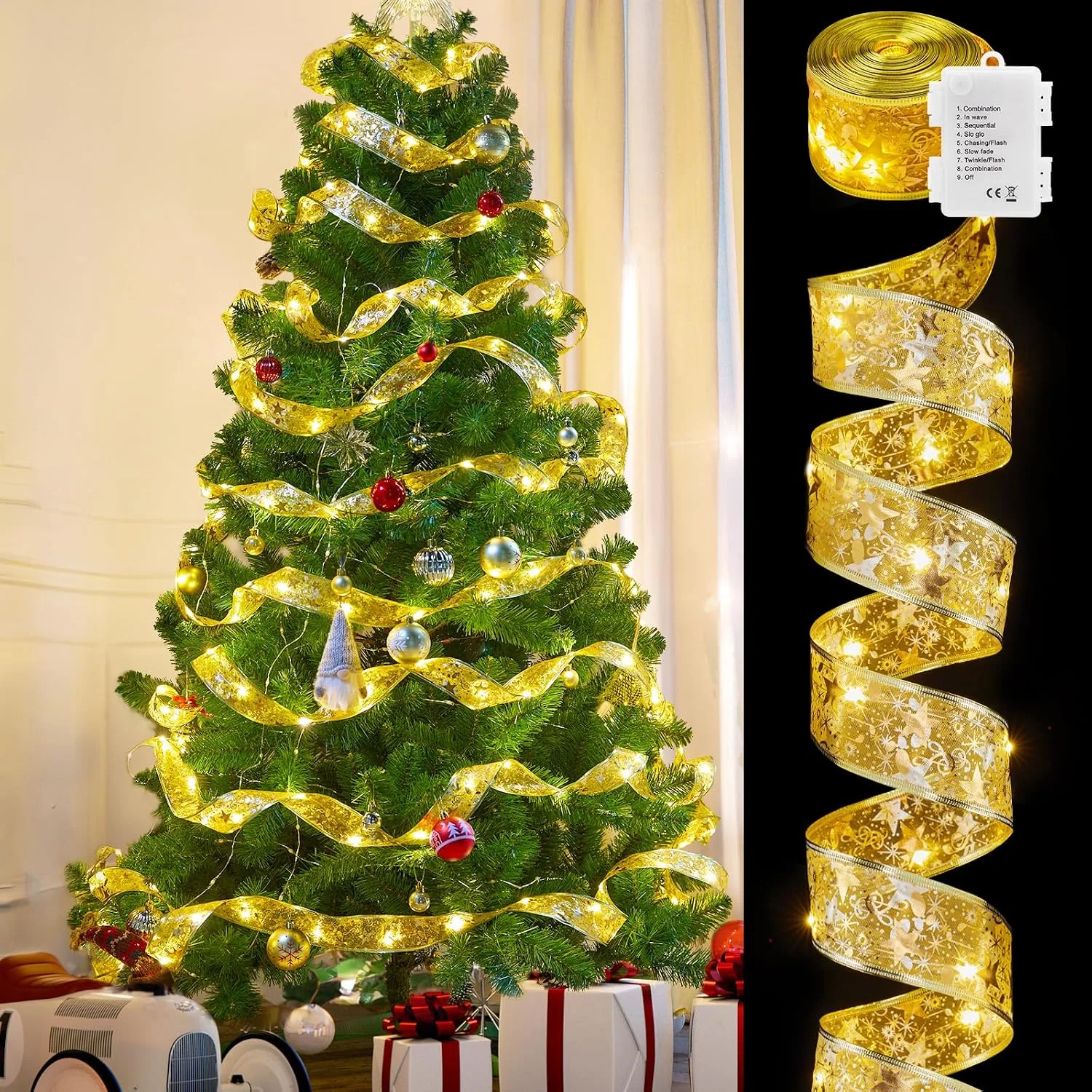 Minetom Christmas Tree Ribbon String Lights, Gold Ribbon + Warm White LED, 1 Pack, photo 5