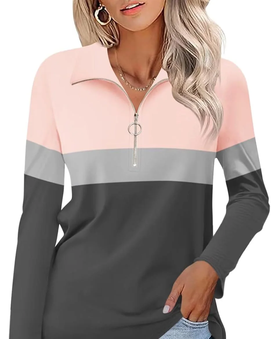 Minetom Womens Long Sleeve Shirts 1/4 Zipper Pullover V Neck Collar Tops, Pink-gray-charcoal, Small, photo 13