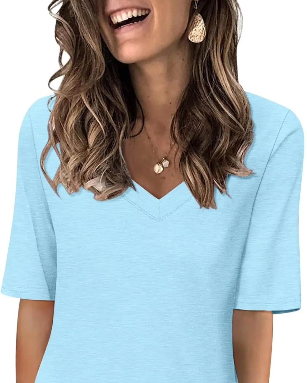 Minetom Women's V Neck T Shirts Casual Half Sleeve Tops Basic Summer Tees, Light Blue, Small, photo 16