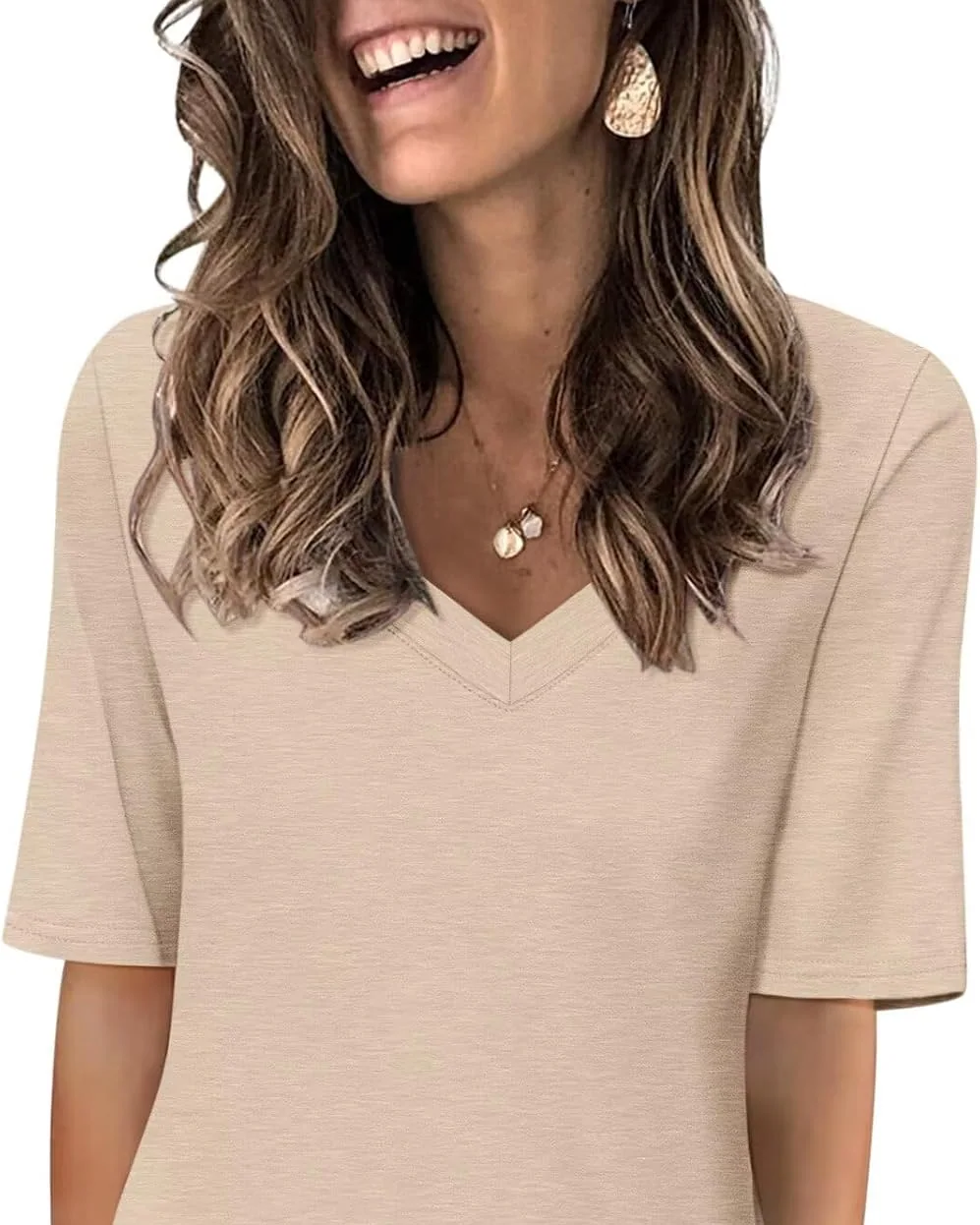 Minetom Women's V Neck T Shirts Casual Half Sleeve Tops Basic Summer Tees, Beige, Small, photo 30