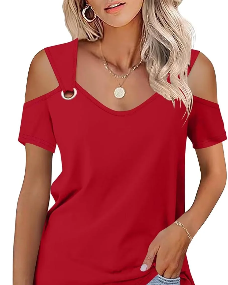 Minetom Women's Cold Shoulder Tops Short Sleeve V Neck T Shirts Summer Tee, Red, Small, photo 29