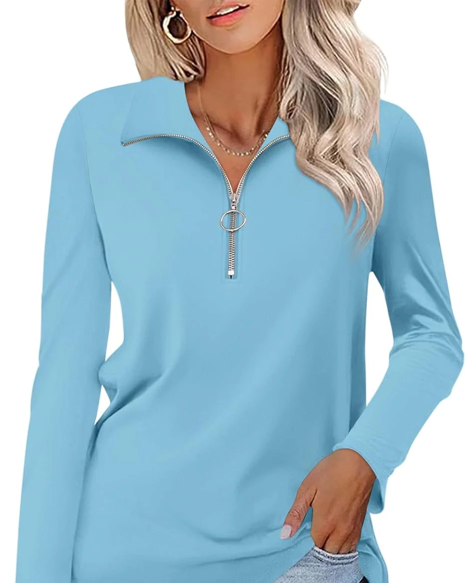 Minetom Womens Long Sleeve Shirts 1/4 Zipper Pullover V Neck Collar Tops, Blue, Small, photo 25