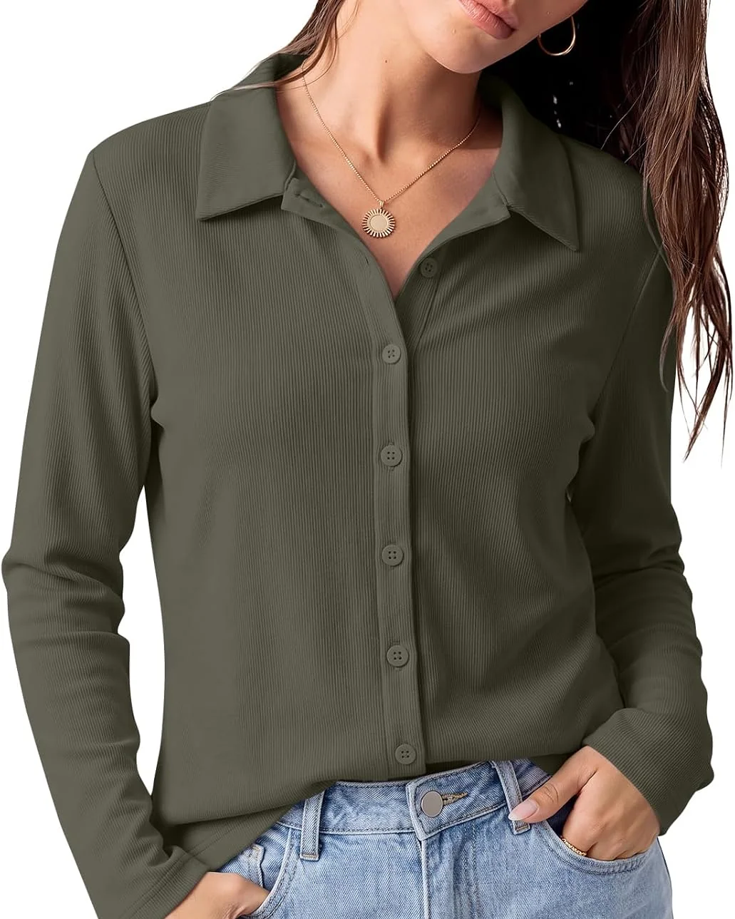 Minetom Womens long Sleeve Button Down Tops V Neck Collared Shirts, Army Green, Small, photo 5