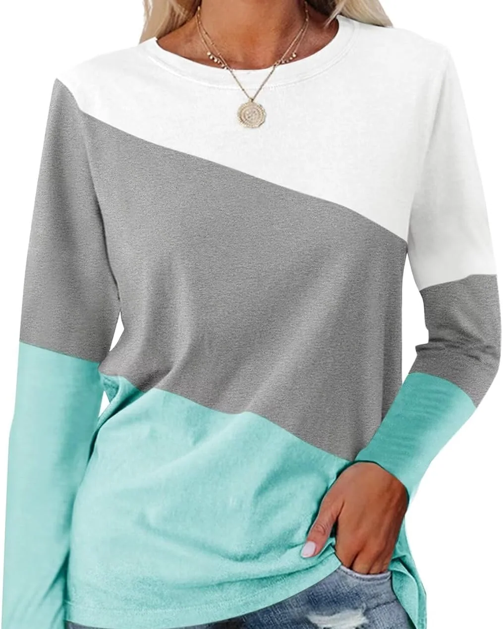 Minetom Women's Color Block Tops Casual Long Sleeve Shirts Pullover Tunic, White-gray-lake Blue, Medium, photo 7
