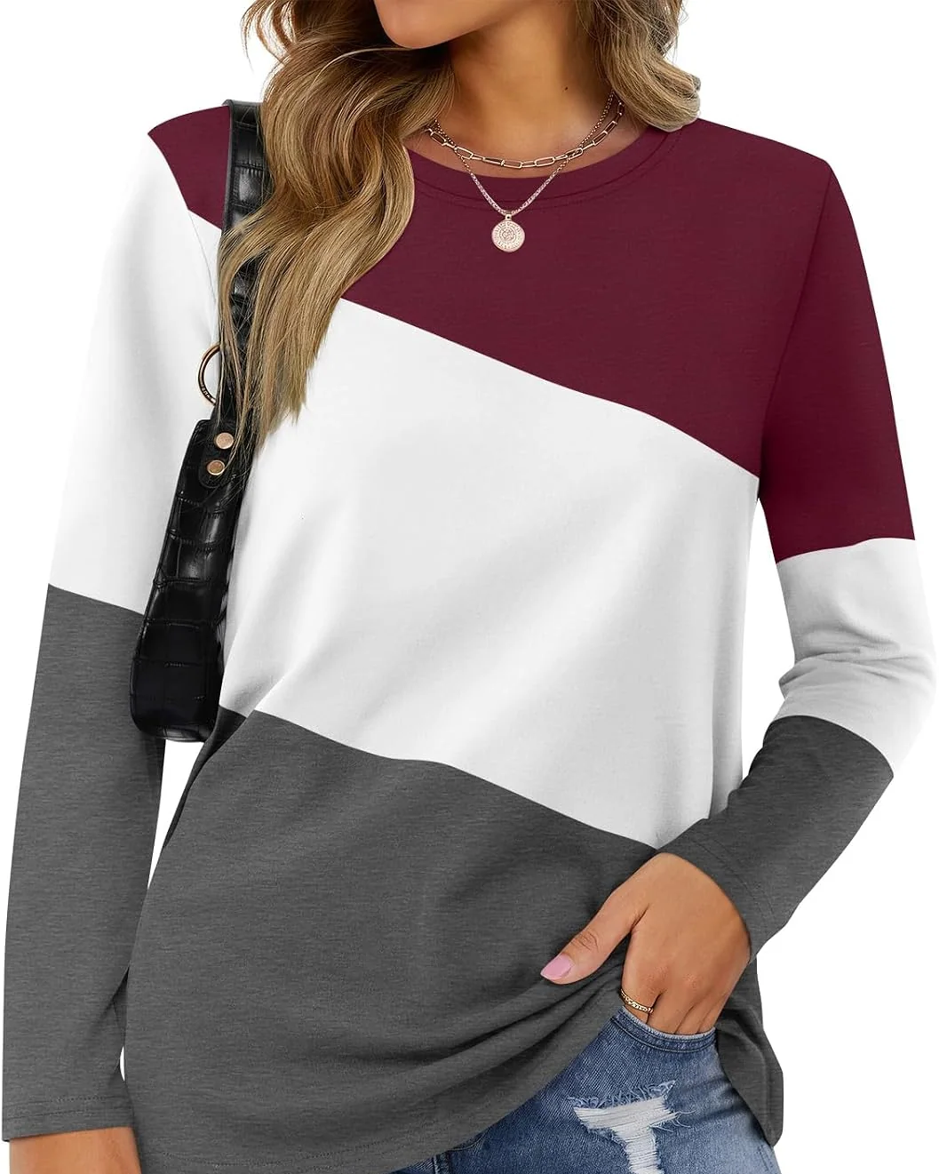 Minetom Women's Color Block Tops Casual Long Sleeve Shirts Pullover Tunic, Wine Red-white-charcoal, Small, photo 1