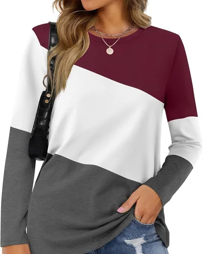 Minetom Women's Color Block Tops Casual Long Sleeve Shirts Pullover Tunic, thumbnail 1