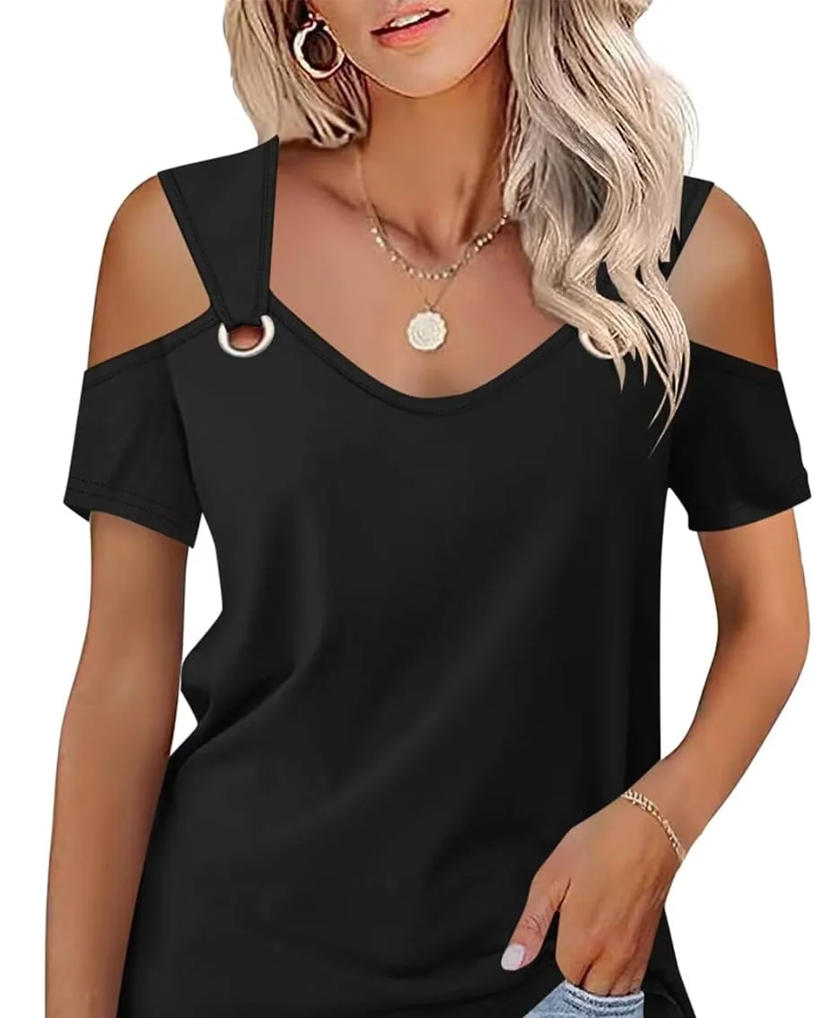 Minetom Women's Cold Shoulder Tops Short Sleeve V Neck T Shirts Summer Tee, Black, Small, photo 15