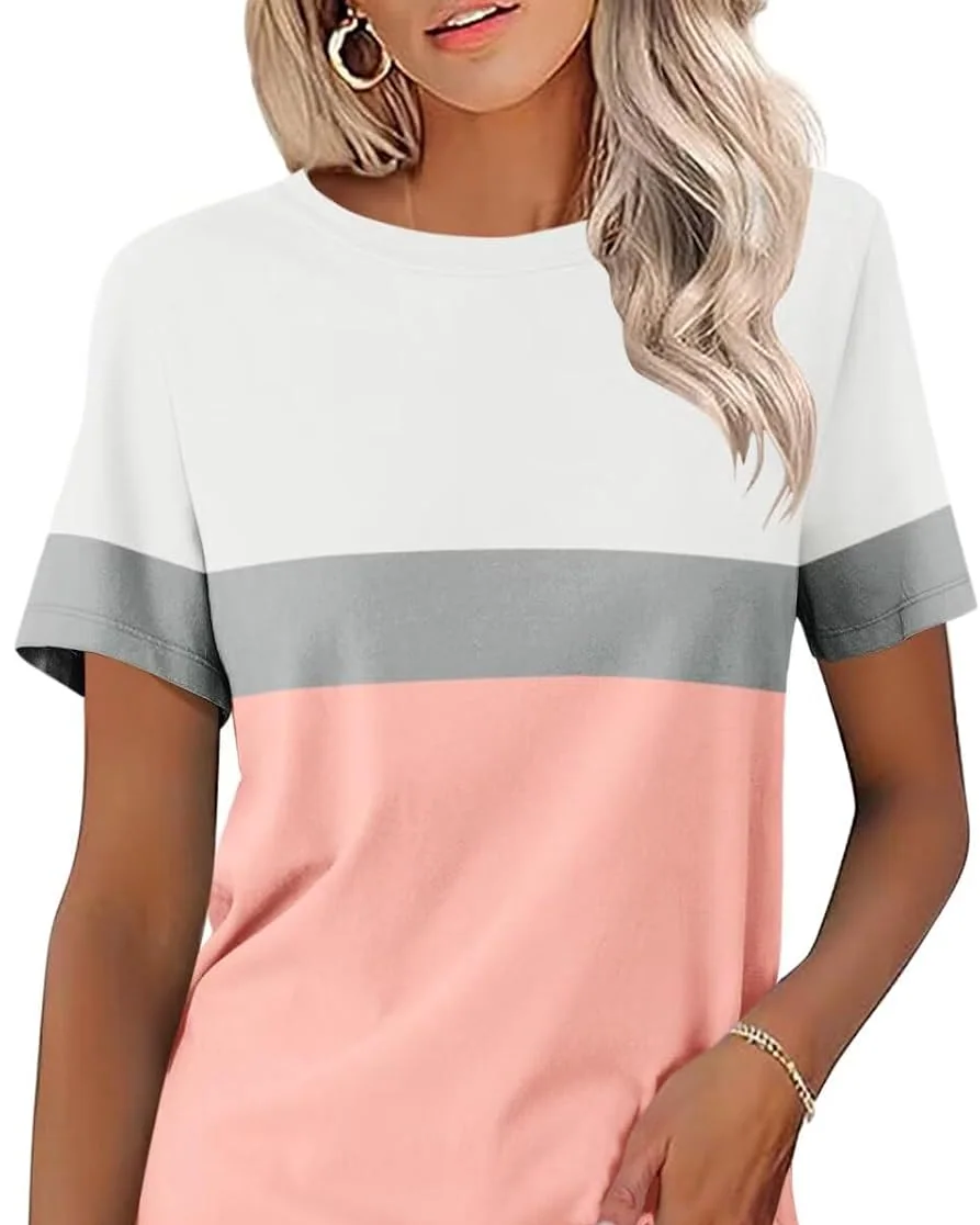 Minetom Womens Color Block T Shirts Short Sleeve Tops Summer Tees, White-gray-pink, Small, photo 11