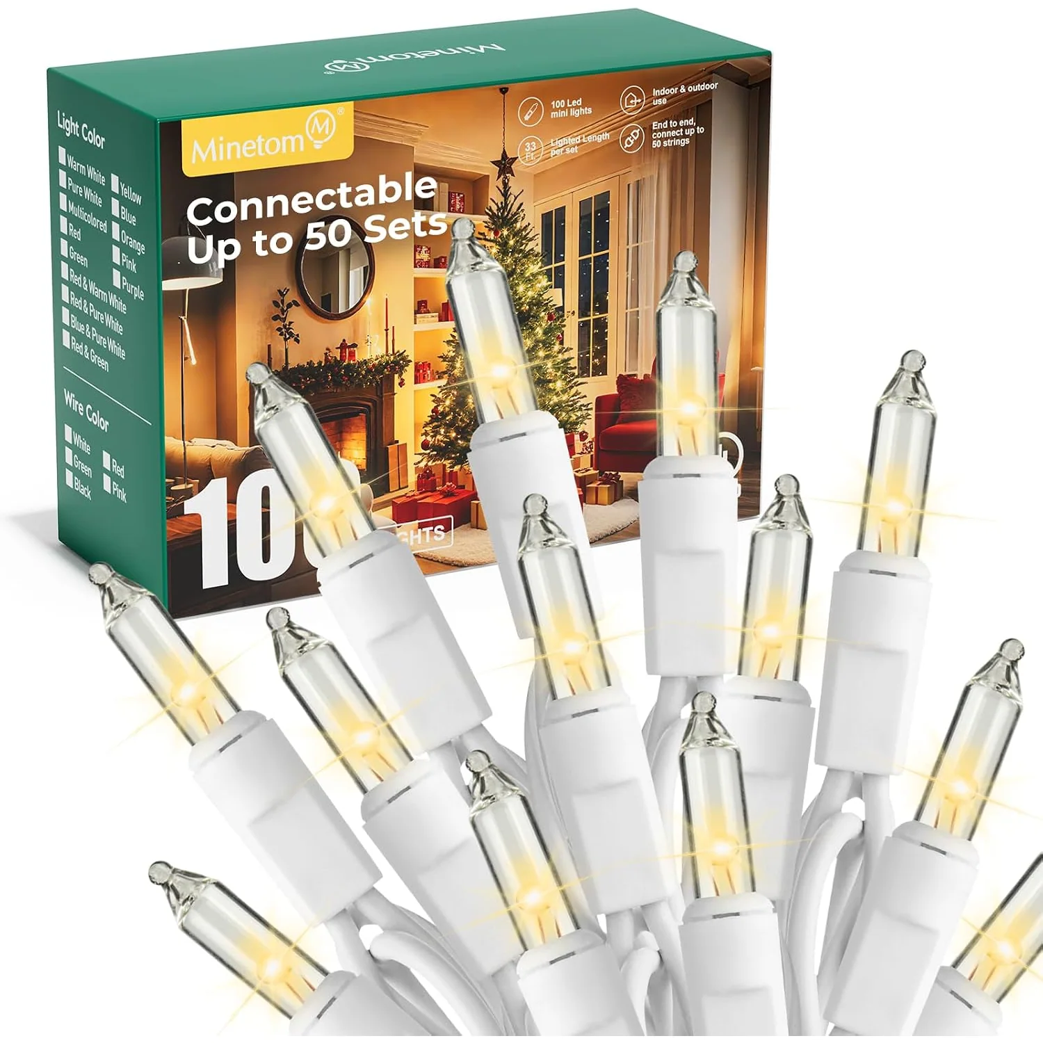 Minetom LED Clear Christmas String Lights, Clear Warm White-White Wire, 100 Count-20 ft, photo 8