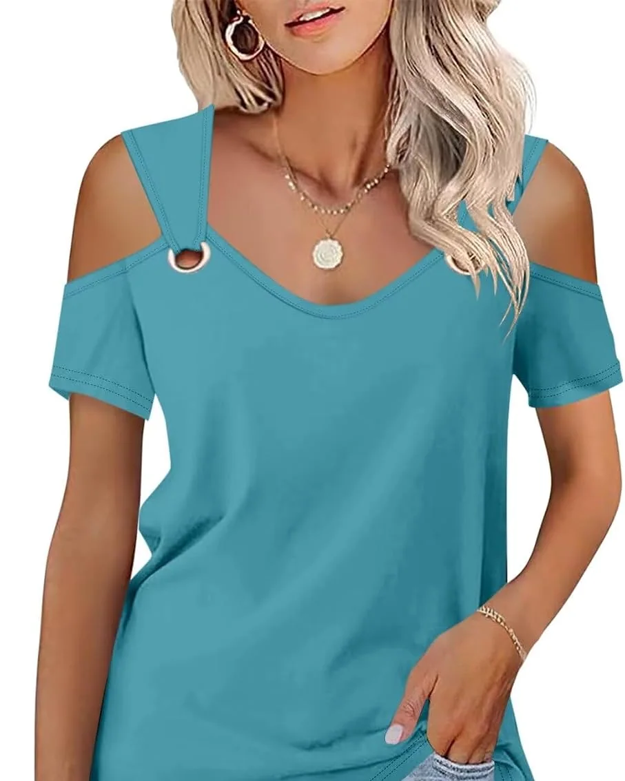 Minetom Women's Cold Shoulder Tops Short Sleeve V Neck T Shirts Summer Tee, Mint, Small, photo 23