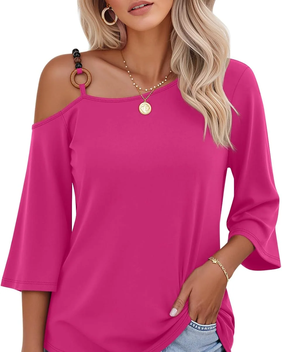 Minetom Women's Off the Shoulder Tops 3 4 Sleeve V Neck T Shirts Fall Tee, Hot Pink, Small, photo 6