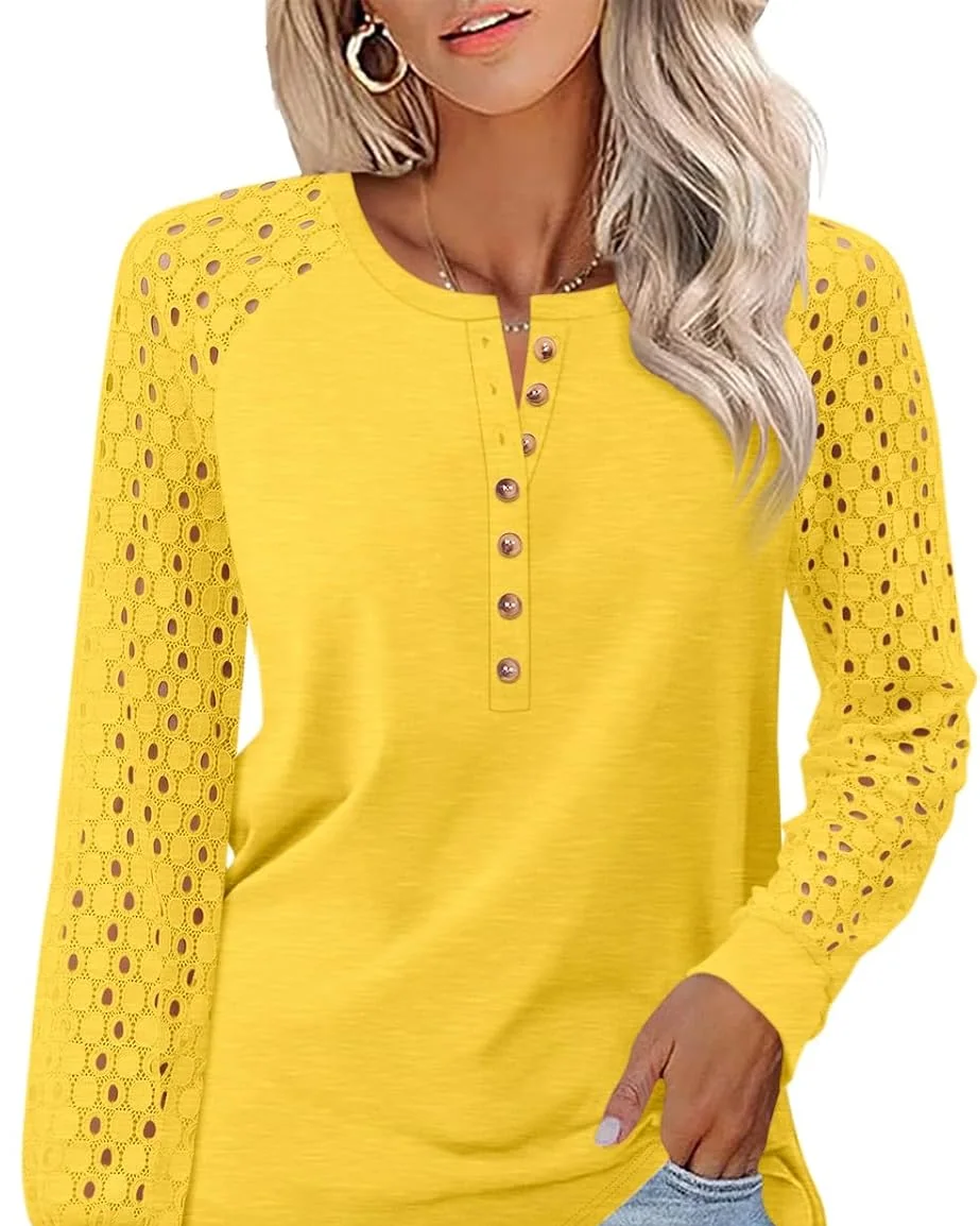 Minetom Women's Lace Long Sleeve Tops Henley Shirts Casual Blouses Tees, Yellow, Small, photo 14