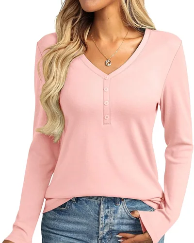 Minetom Womens Long Sleeve Tops Henley V Neck Tees Button Up Shirts Basic, thumbnail 13