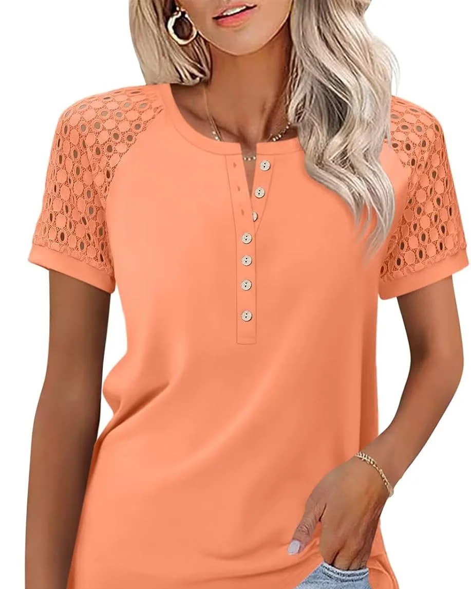 Minetom Women's Lace Short Sleeve Tops Henley Shirts Business Casual Blouses, Orange, Small, photo 1