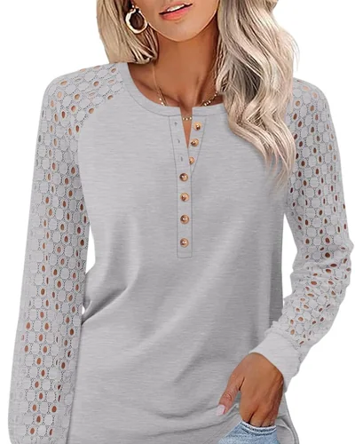 Minetom Women's Lace Long Sleeve Tops Henley Shirts Casual Blouses Tees, thumbnail 25